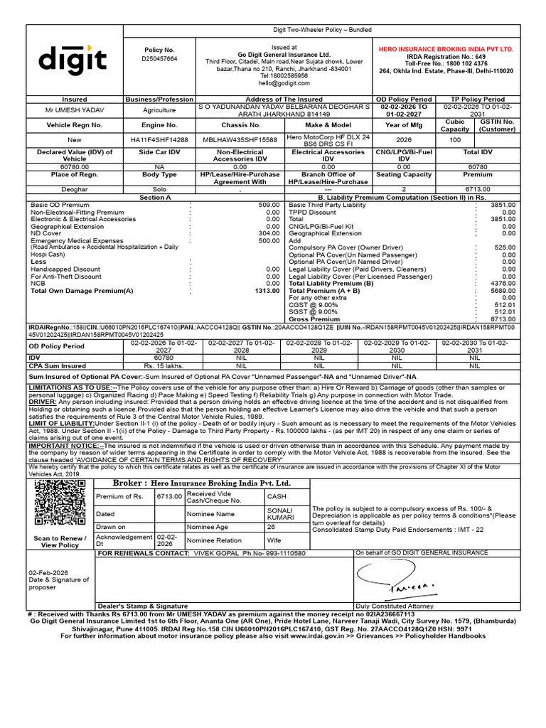 HIBIPL - Policy Details Umesh Yadav - Copy | PDF | Insurance ...