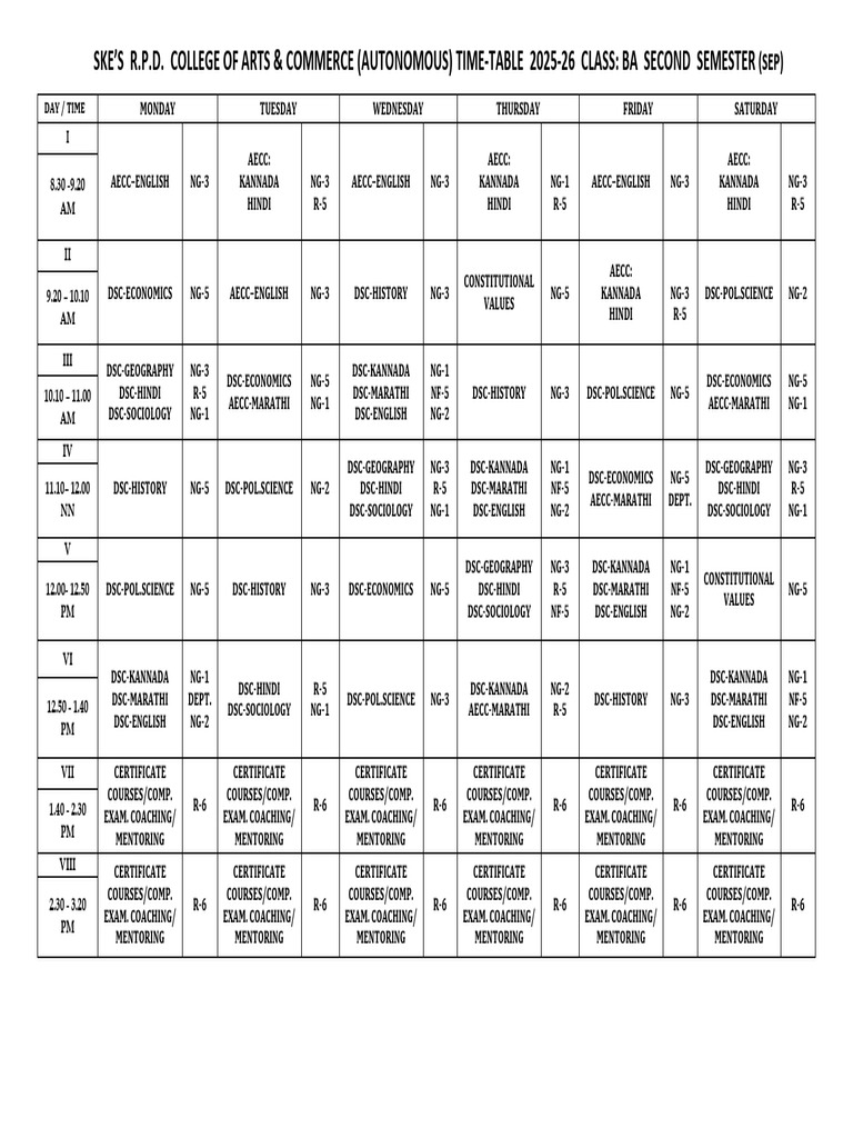 RPD - Ba - Time-Table 2025-26 - Even - Sem | PDF