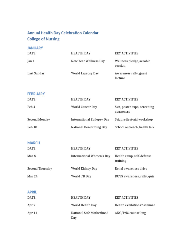 Annual Health Day Calendar | PDF | Medical Specialties | Diseases And ...