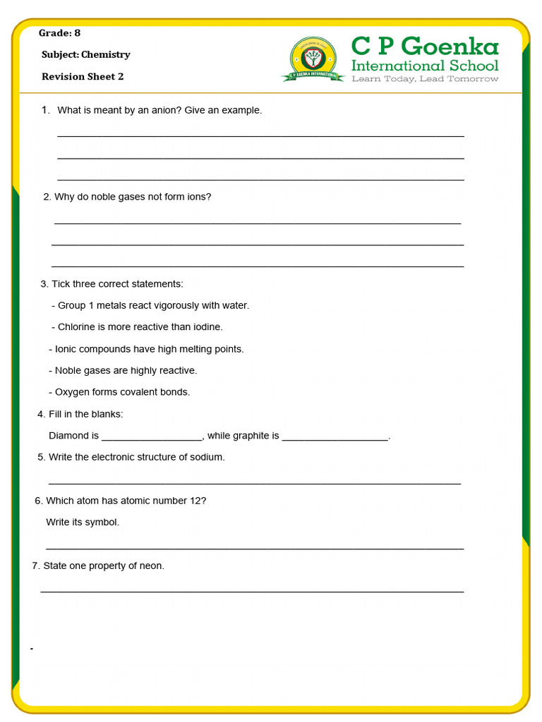 Grade 8 - Term 1 - Chem Revision Sheet 2 | PDF | Salt (Chemistry ...