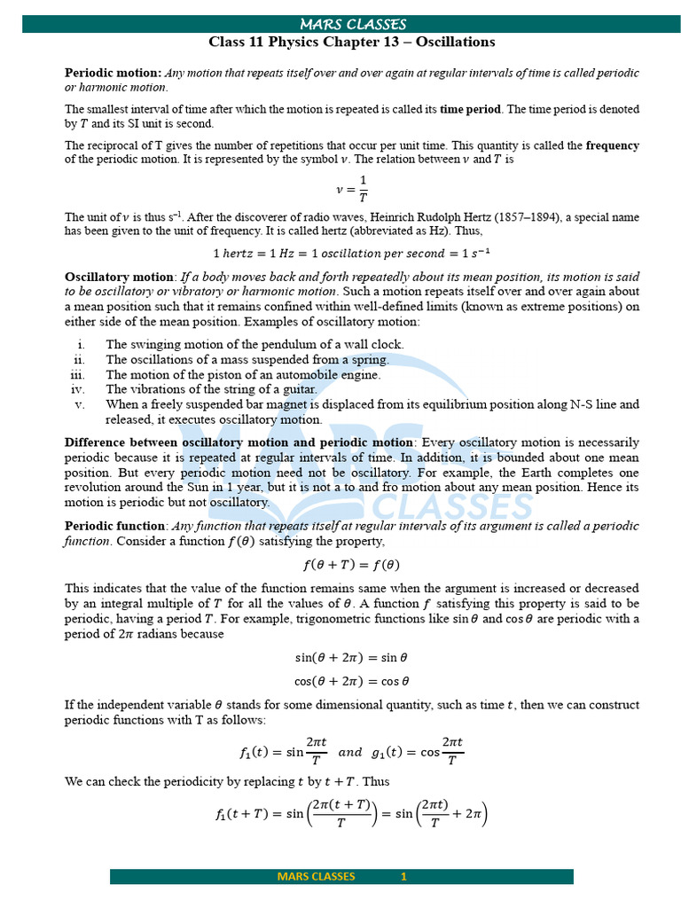 Class 11 Physics Chapter 13 Oscillations | PDF | Oscillation | Frequency
