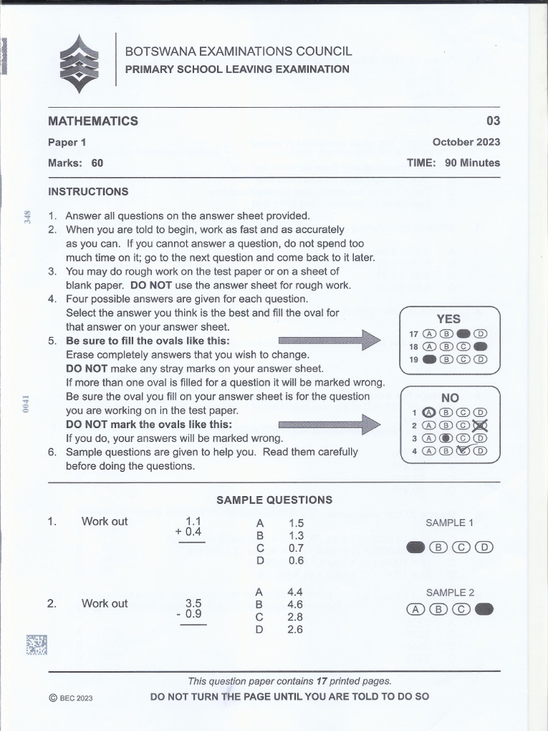 Psle Maths 2023 & Marking Key WP - 013304 | PDF