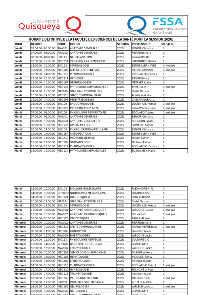 Horaire Complete Fssa-2eme Cycle 2026J Pour La Fssa | PDF