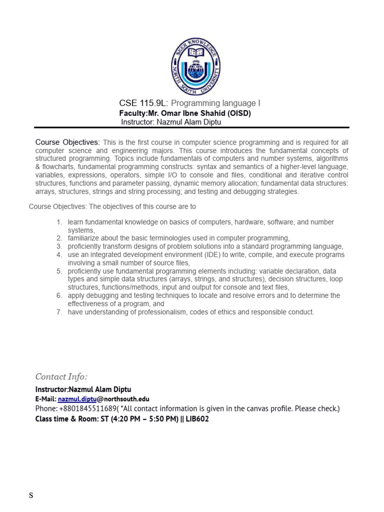 CSE115.9L.outline and Schedule-Spring'25 | PDF | Computer Programming ...