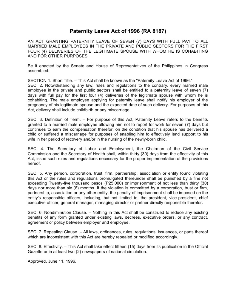 Paternity Leave Act of 1996 Parental Leave United States Labor Law