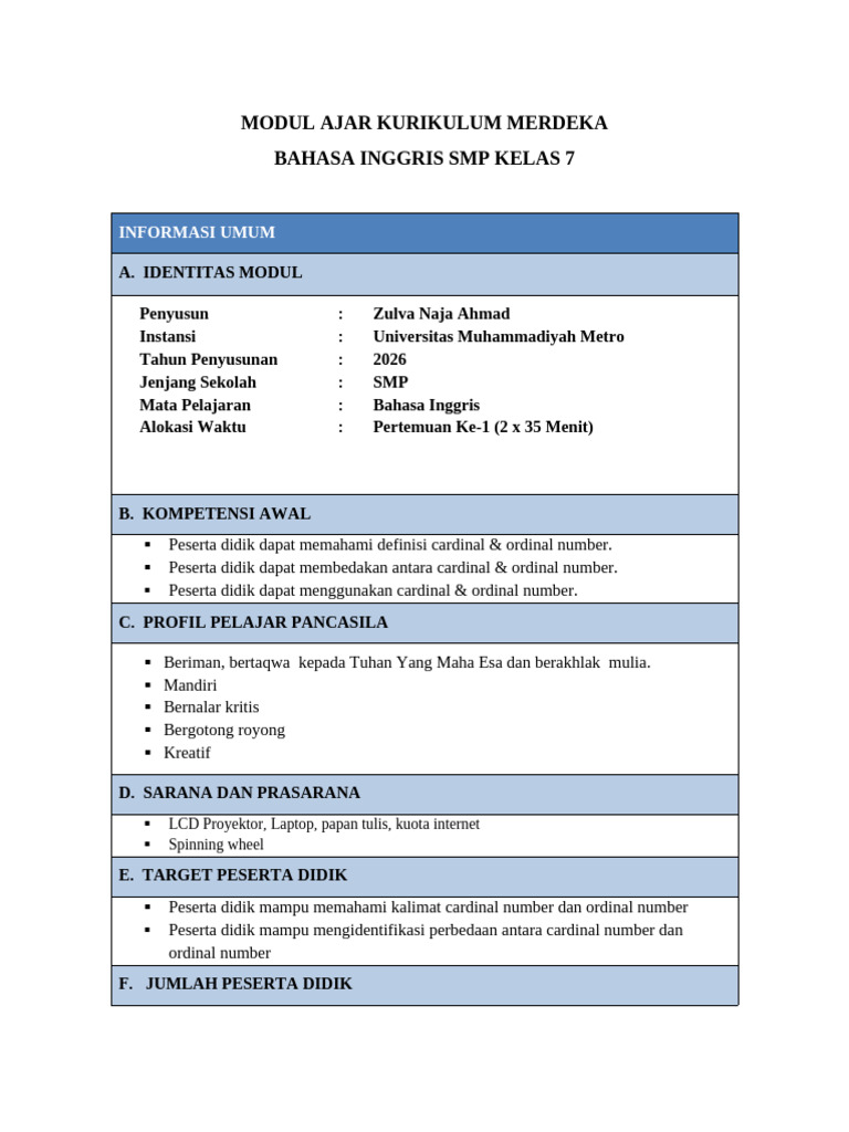 Zulva Naja Ahmad_modul Ajar Bahasa Inggris_smp Kelas 7 | PDF