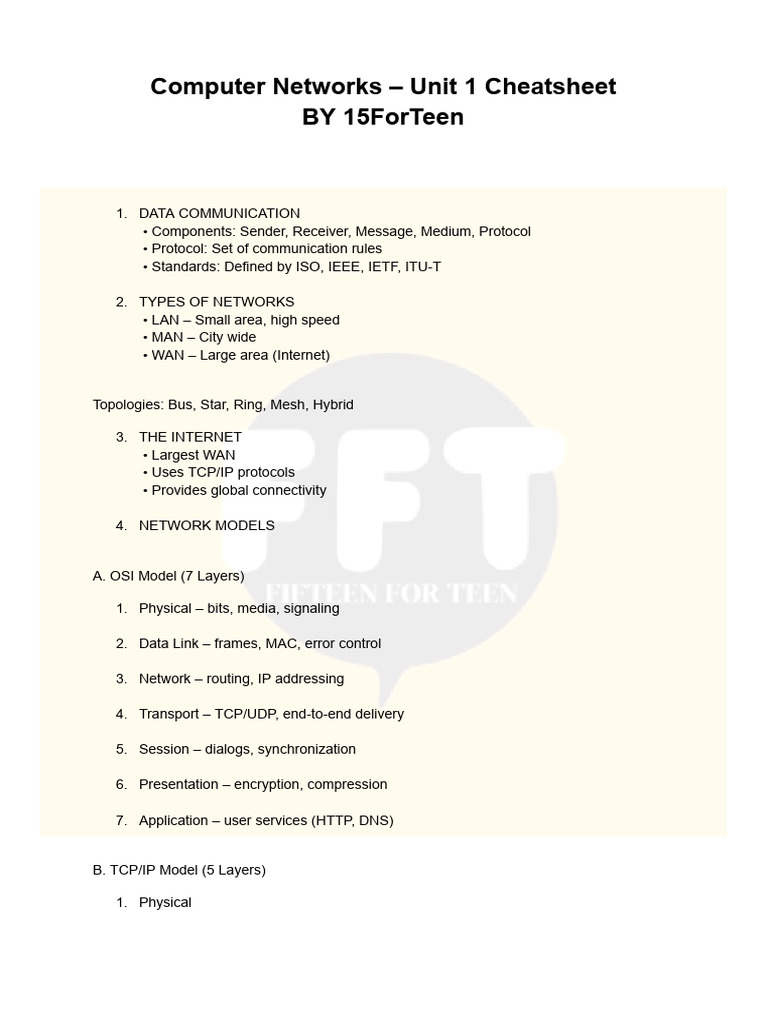 CN - Unit 1 Cheat Sheet FFT | PDF | Internet Protocol Suite | Osi Model