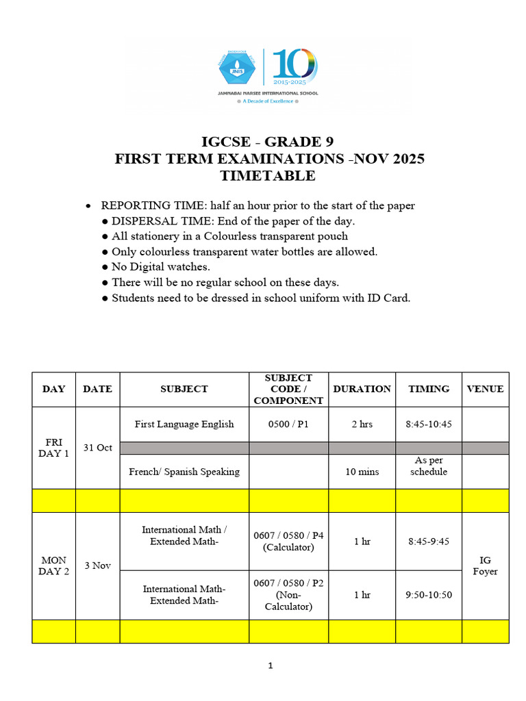 GR 9 - Term 1 Exam - Timetable | PDF | Educational Stages | Educational ...