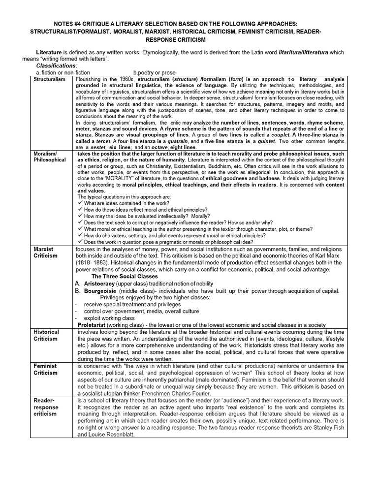 Notes 4 Literary Approaches 2025 2026 | PDF | Liberal Arts Education
