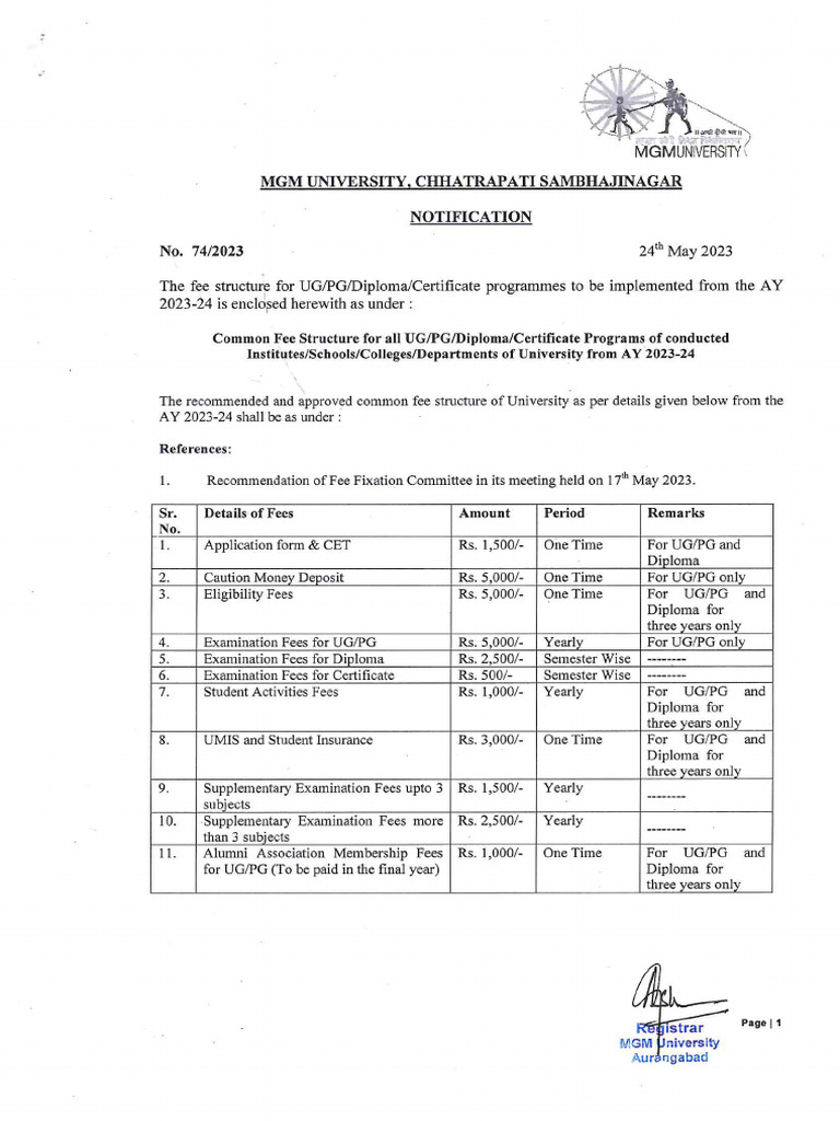 Final Fee Structure For AY 2023-24 (With Univ Common Fee) | PDF