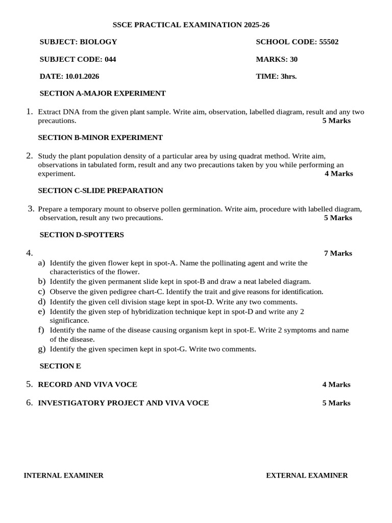 Biology Practical Question Paper 2025-26 | PDF