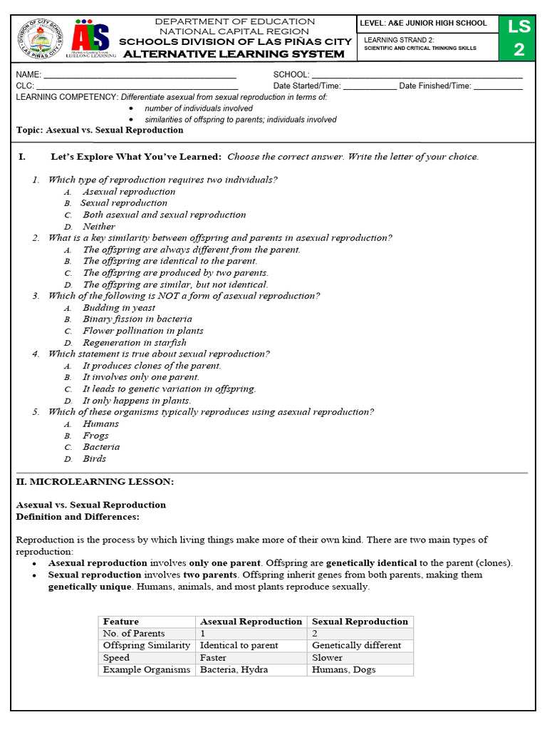 LS2-TOPIC1-NoAnswer | PDF | Reproduction | Sexual Reproduction