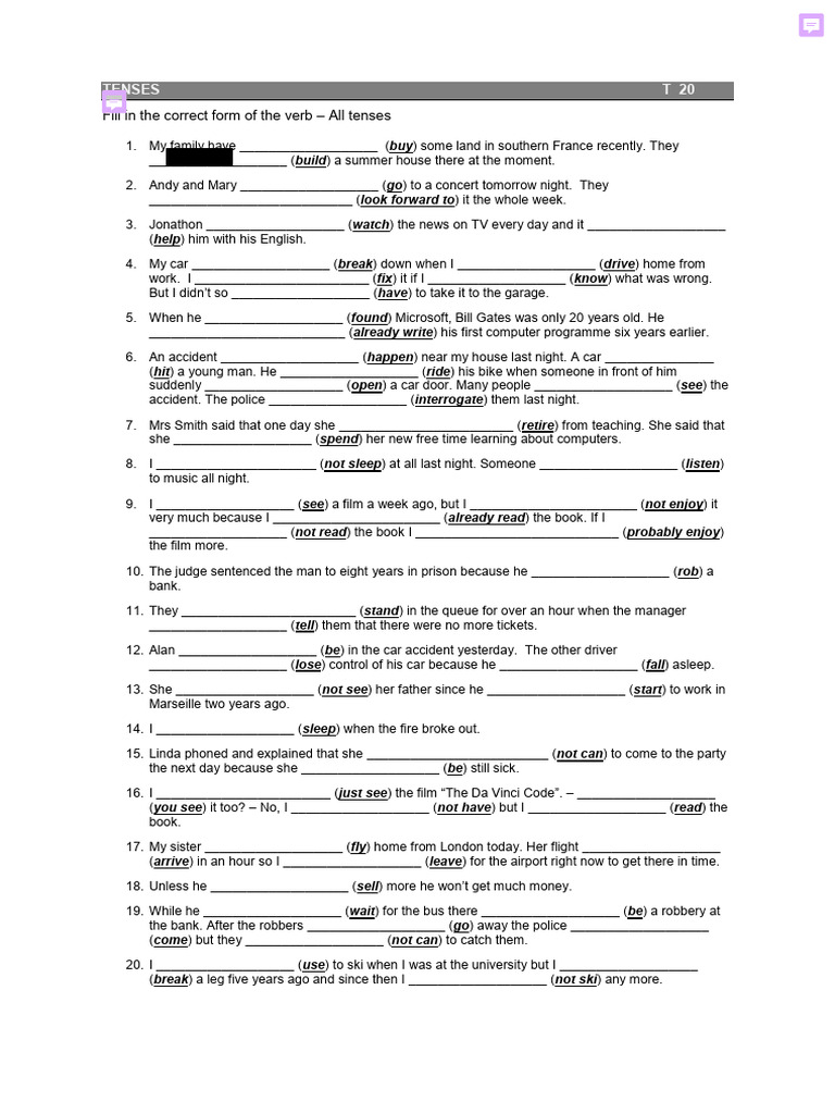 Tenses Worksheet | PDF
