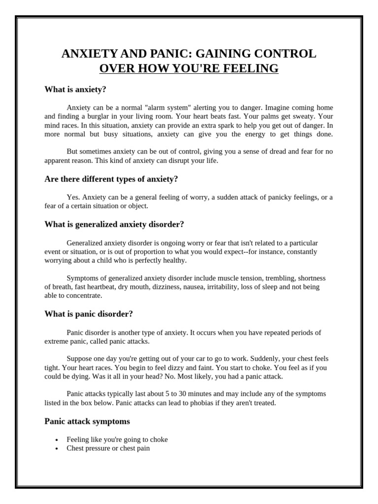 Anxiety and Panic-Health Teaching | PDF | Anxiety | Panic Attack