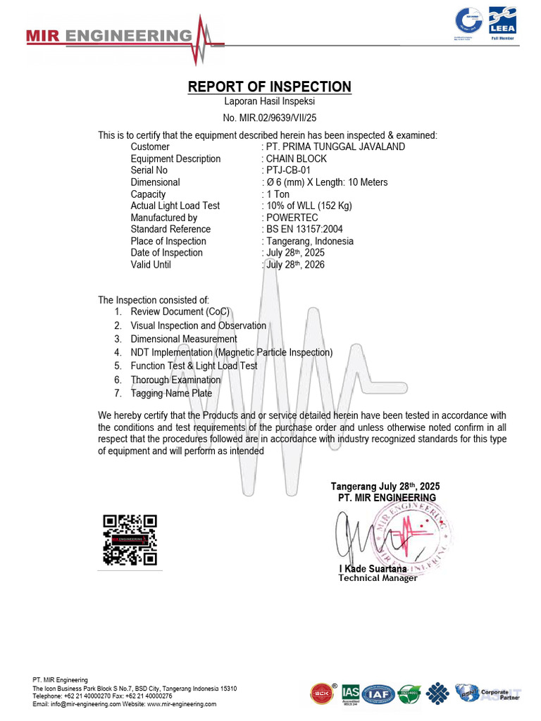 9. CHAIN BLOCK 1T X 10M SN. PTJ-CB-01 | PDF | Nondestructive Testing