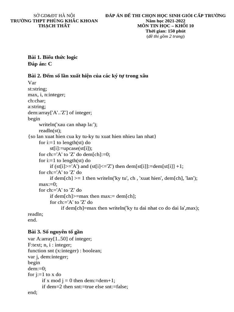 Dap An de Thi HSG Tin Hoc 10 NH 2021-2022 | PDF