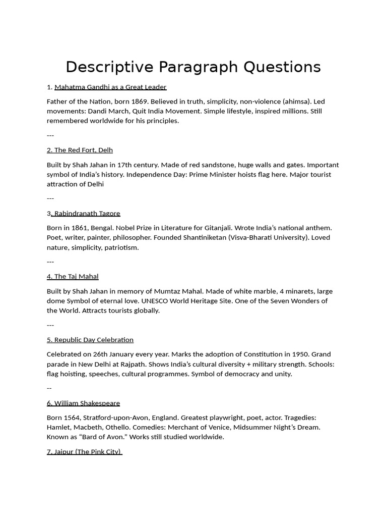 Descriptive Paragraph Questions | PDF
