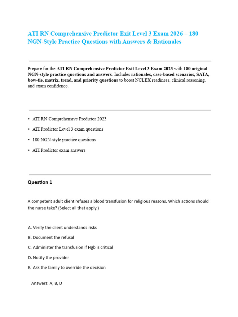 ATI RN Comprehensive Predictor Exit Level 3 Exam 2026 - 180 NGN-Style ...