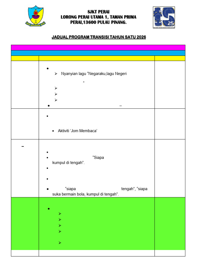 Jadual Program Transisi Tahun 1 2026 Minggu Kedua | PDF