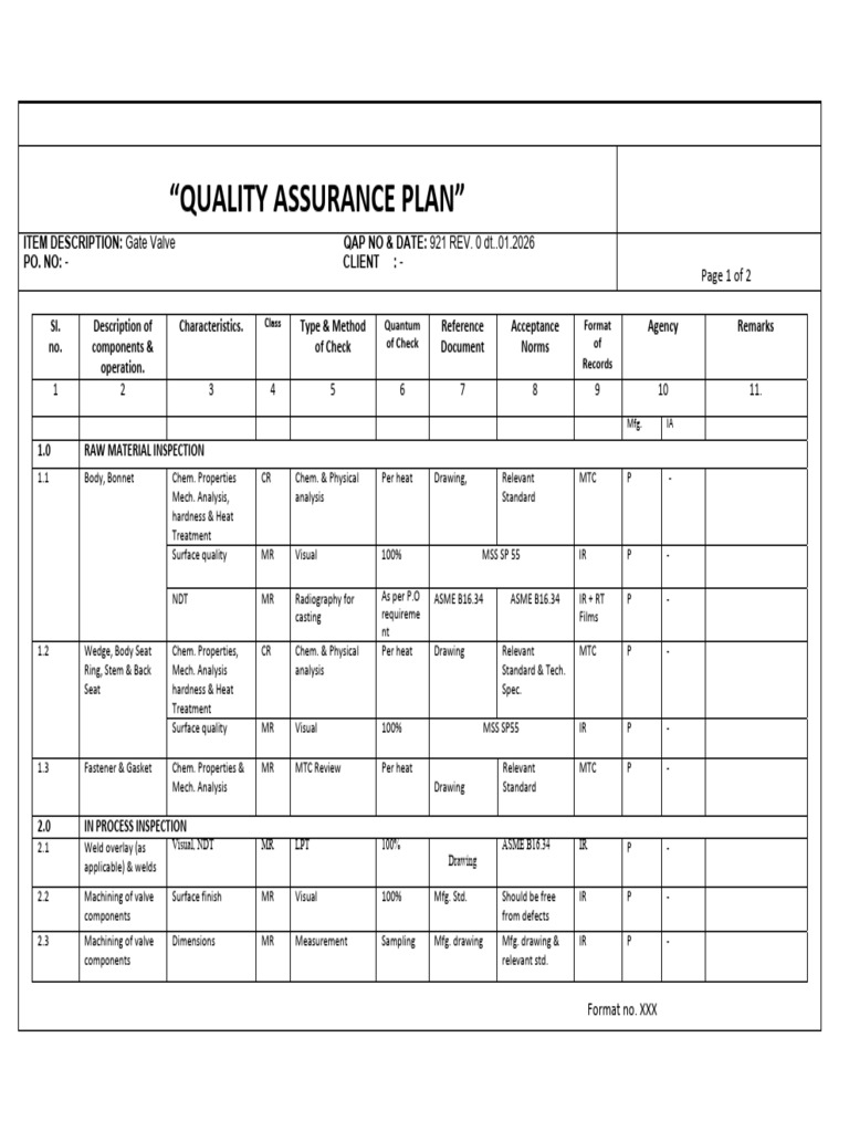 QA -PLAN-919 | PDF | Valve | Quality Assurance