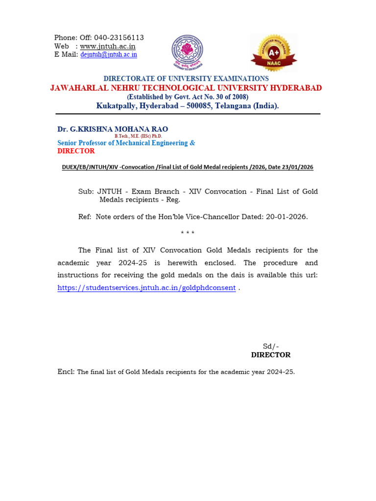 JNTUH XIV Convocation Gold Medals Final List 2024-25 | PDF | Engineering