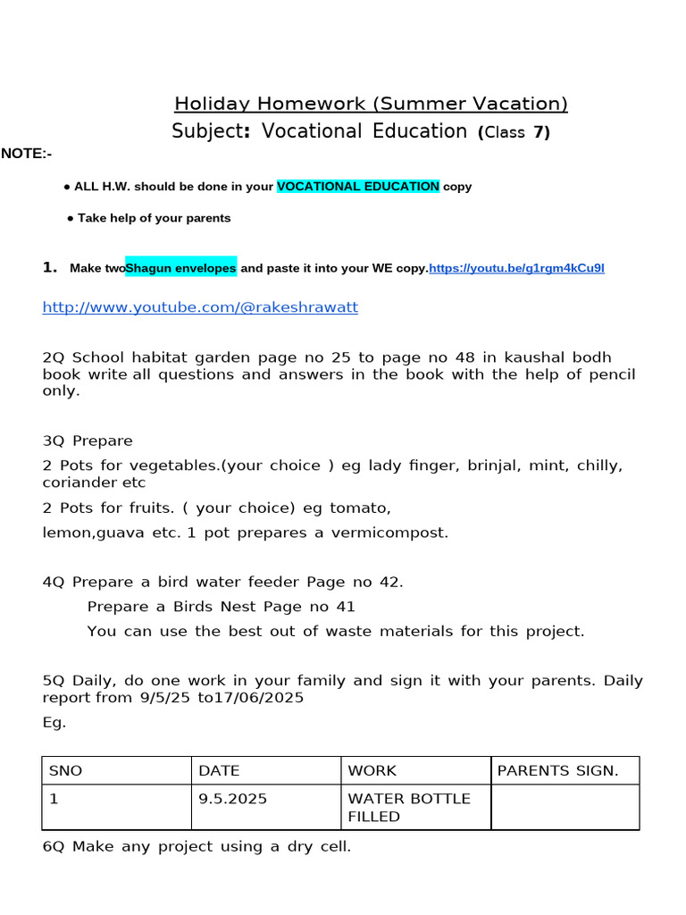 Class 7 Holiday Homework VE 2025 | PDF