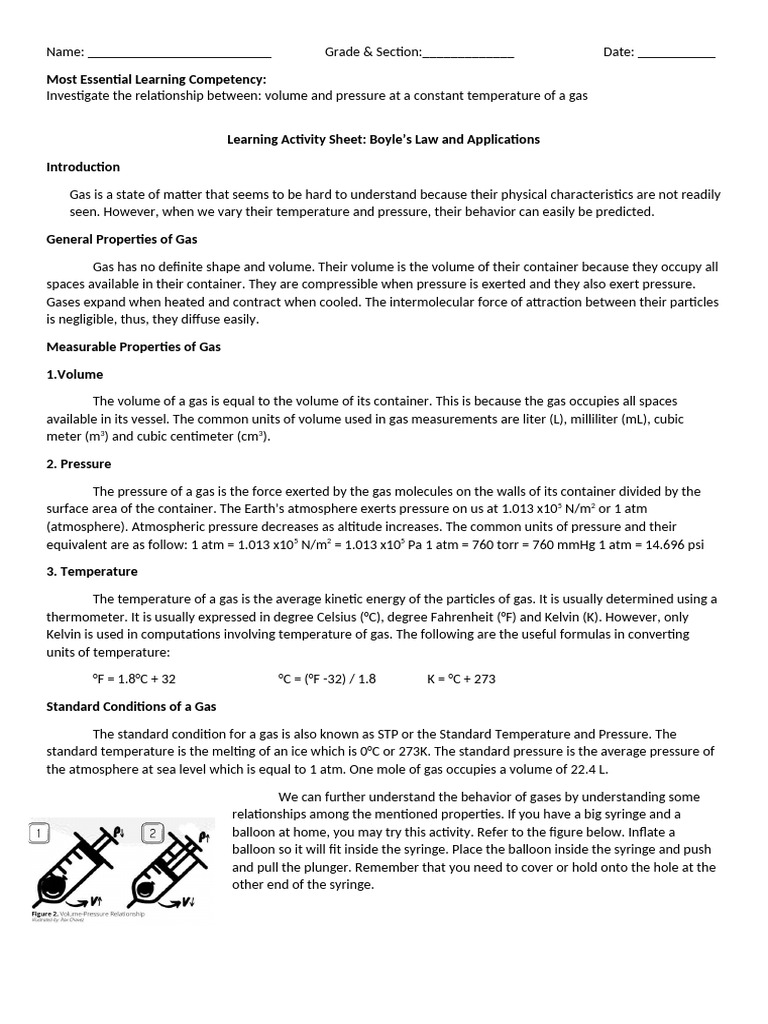 LAS#1 - Boyle's Law and Applications - Science 10 - Q4 | PDF | Gases ...