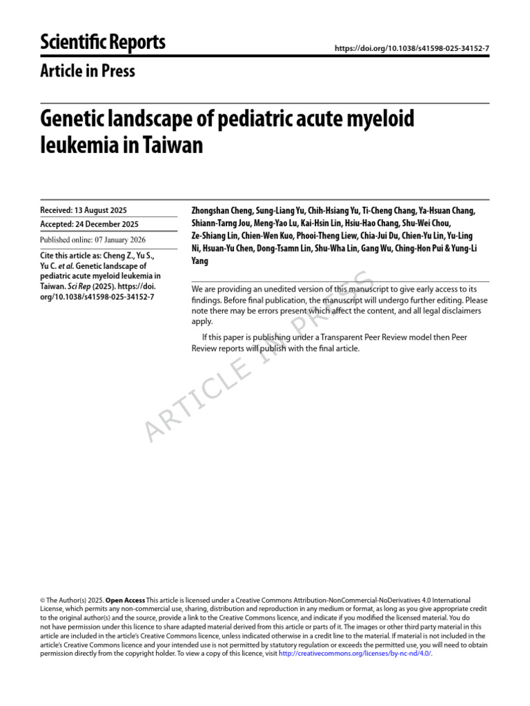 Genetic Landscape of Pediatric Acute Myeloid Leukemia in Taiwan(Sci Rep ...