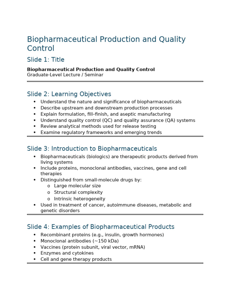 Biopharmaceutical Production And Quality Control – Graduate-level ...