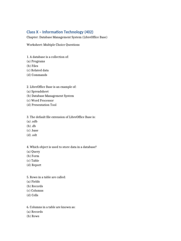 Class 10 IT DBMS Worksheet No Instructions | PDF | Databases | Table ...