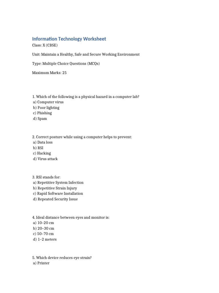 Class 10 IT Worksheet Healthy Safe Secure Environment | PDF | Computer ...
