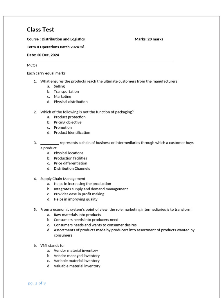 Class Test MCQ | PDF | Warehouse | Logistics