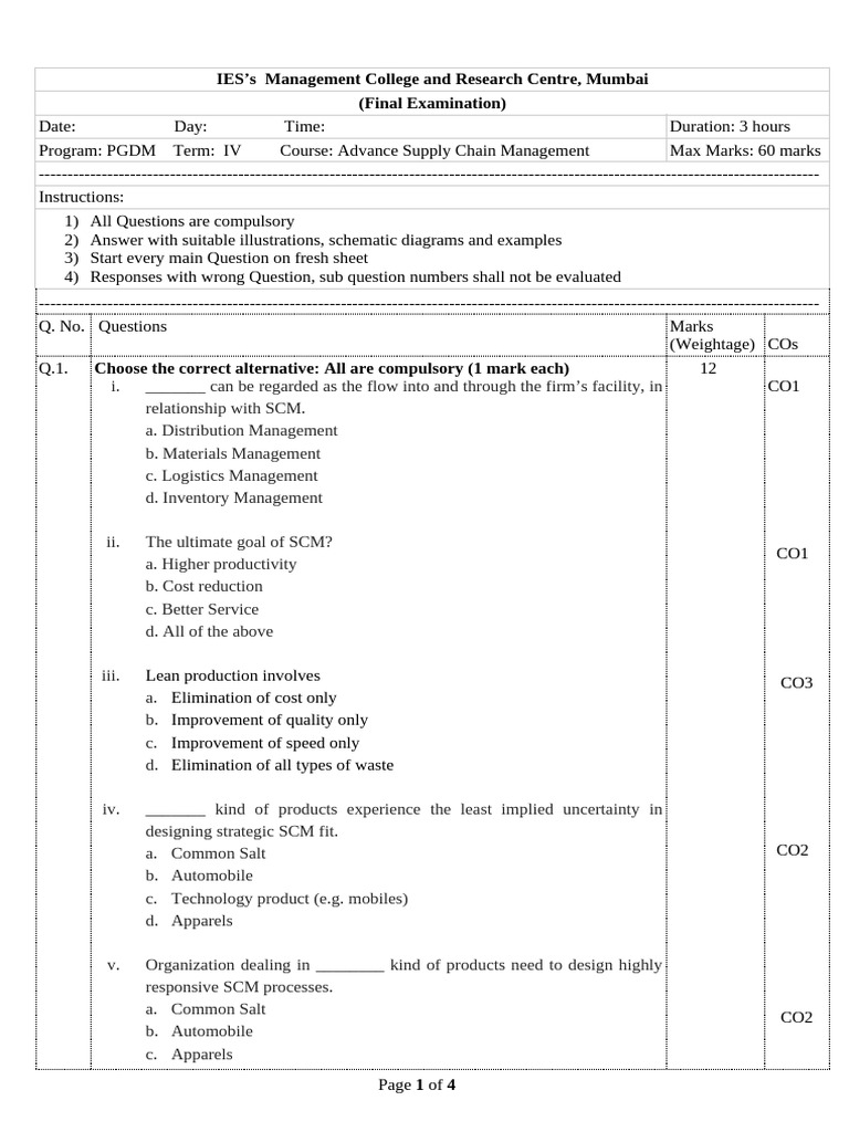 Advance Scm Qp i - Pgdm Term IV 2023-25 | PDF | Supply Chain Management ...