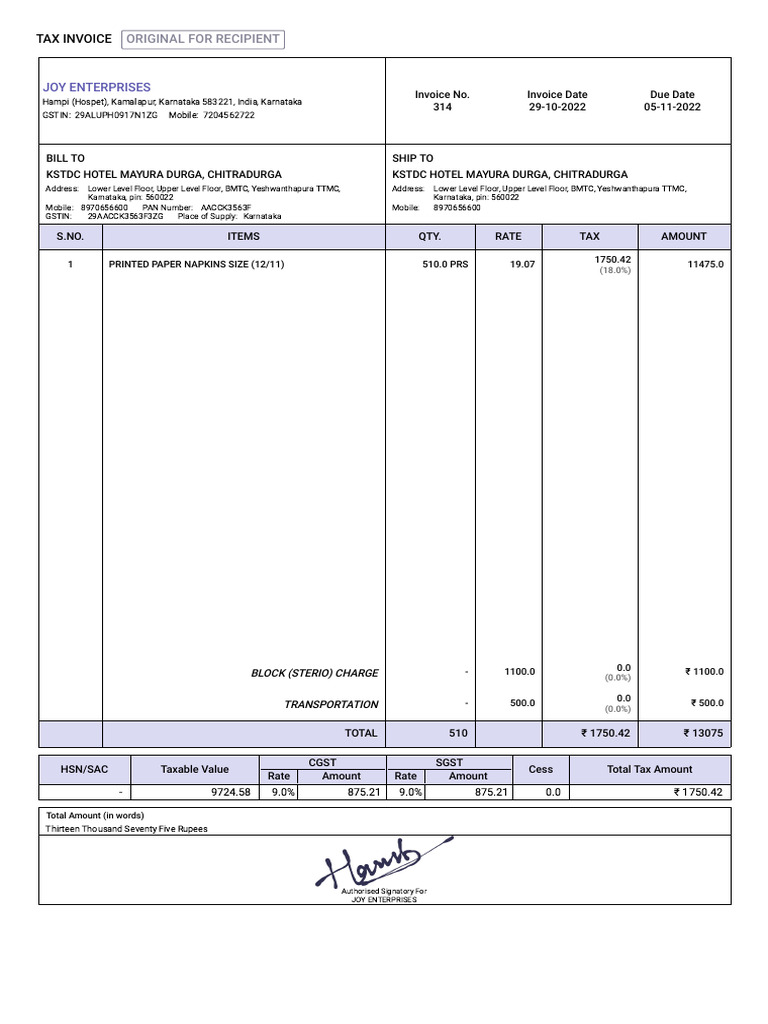 314-Sales_invoice-KSTDC Hotel Mayura Durga, Chitradurga | PDF ...