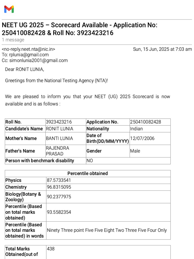 Gmail - NEET UG 2025 - Scorecard Available - Application No ...