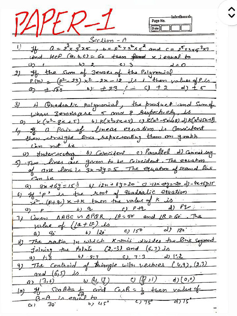 Maths Sample Paper (x) | PDF