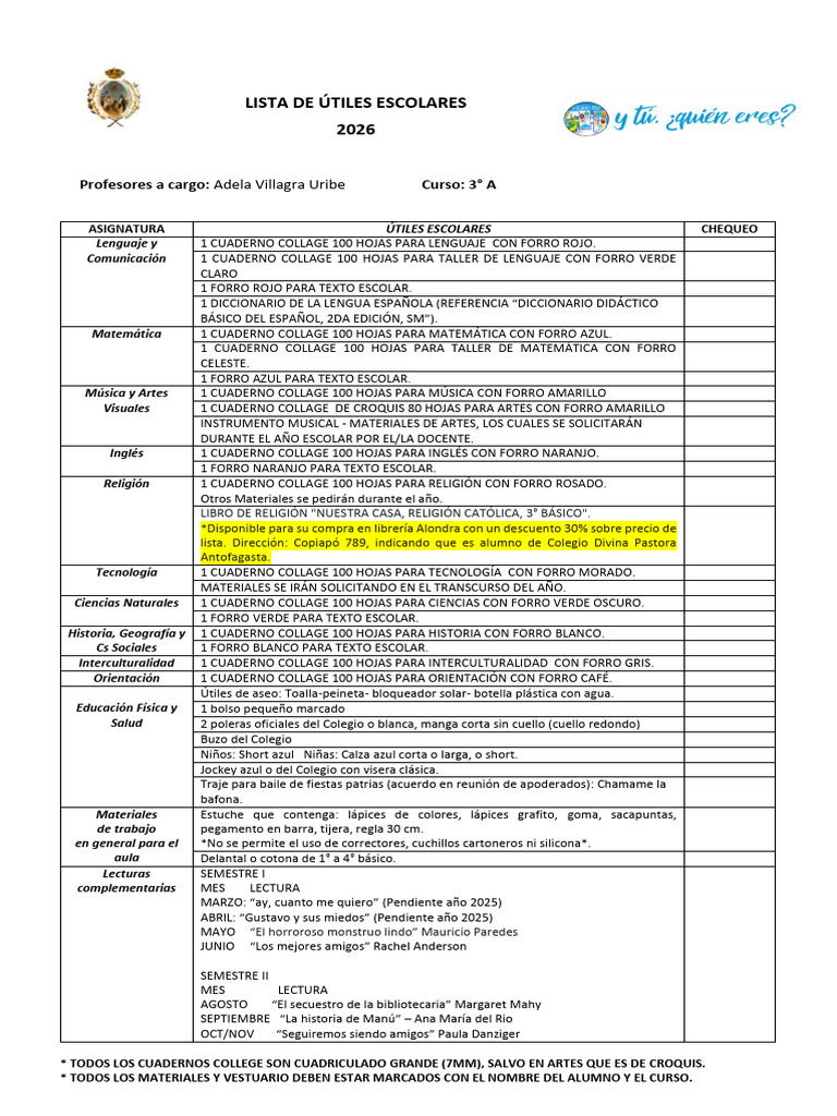 Lista de Utiles Escolares 3°A 2026 | PDF