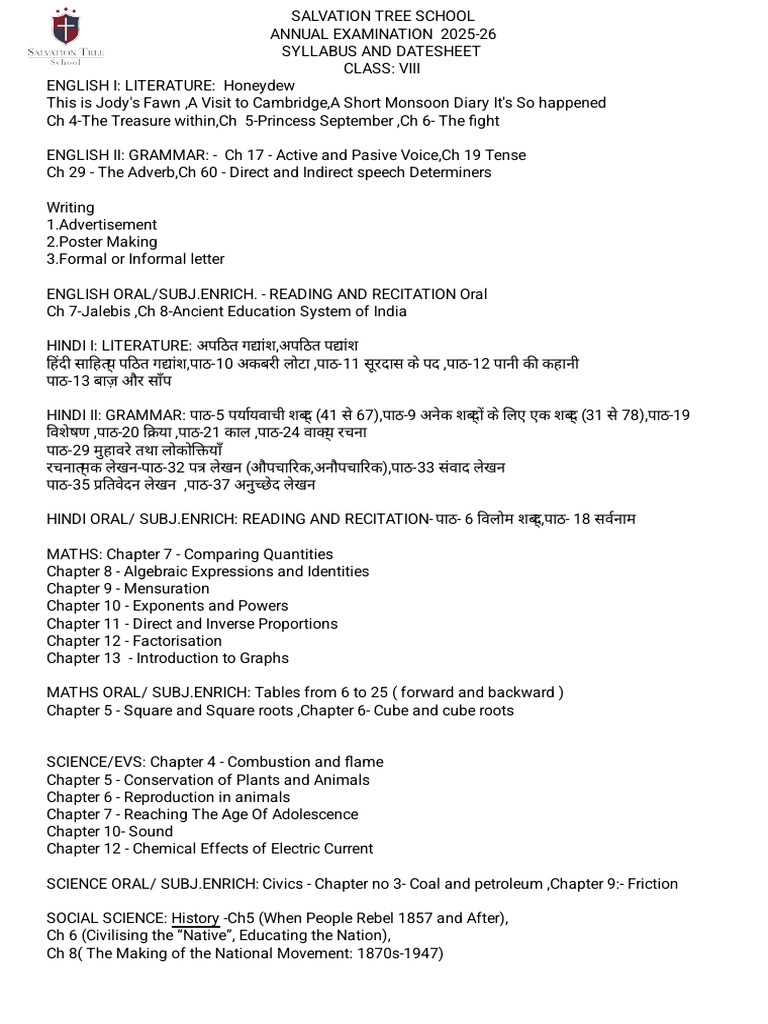 datesheet and syllabus ANNUAL EXAM 2025-26 class viii | PDF