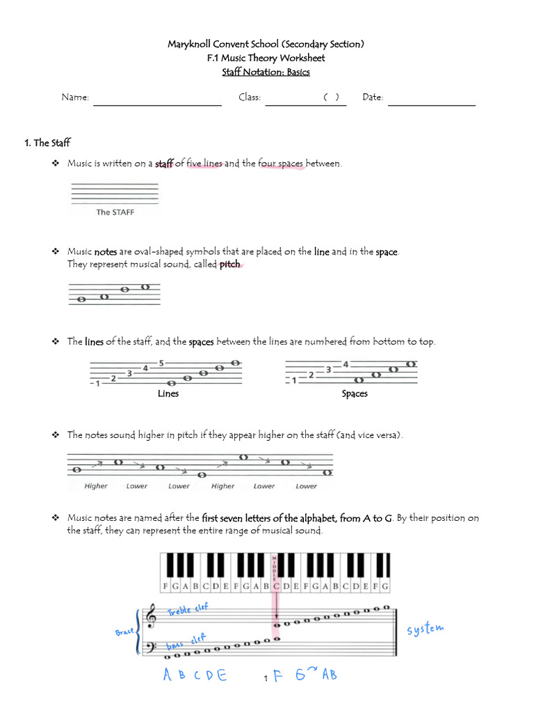 F1 - WS2 - Staff Notation Basics - Student | PDF | Clef | Musical Notation