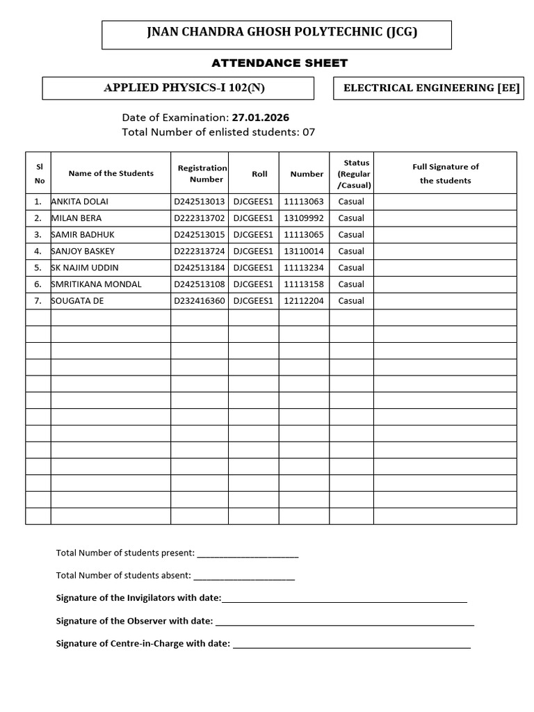 DEE S1 Attendance Sheet Casual Physics | PDF
