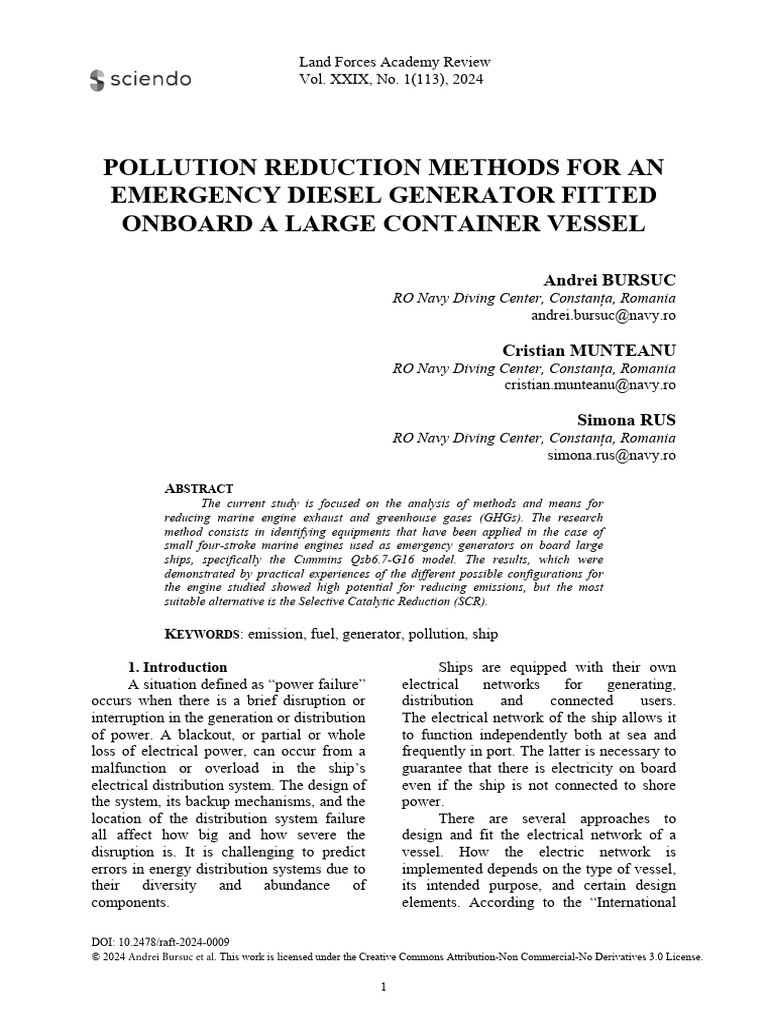Pollution Reduction Methods for an Emergency Diesel Generator Fitted ...