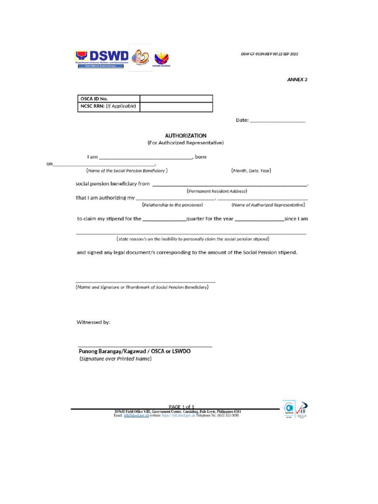DSWD Pension Form Mommy | PDF