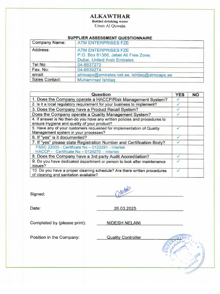 Supplier Assessment Questionnaire | PDF
