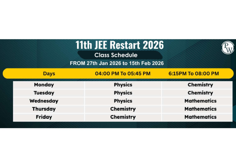 11th JEE Restart 2026 - Class Schedule (From 27th Jan 2026 To 15th Feb ...