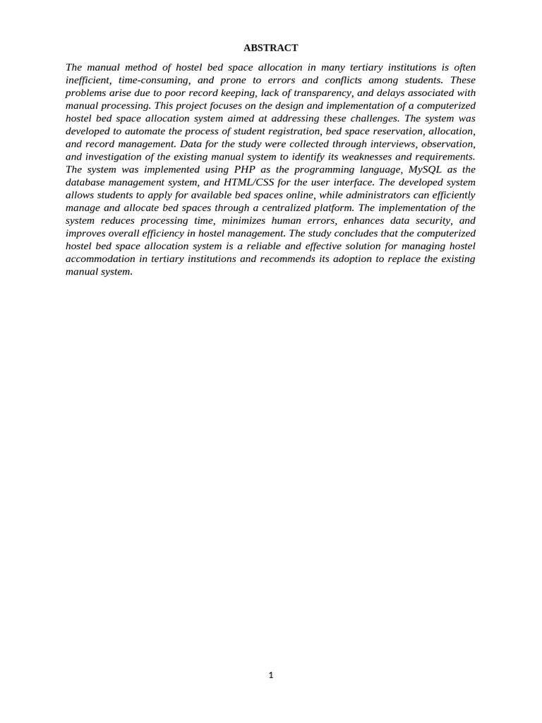 Design and Implementation of Hostel Bedspace Allocation System | PDF ...