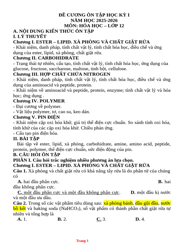 Nss Dap AnDe Cuong On Tap HK1 Hoa 12 CTST | PDF