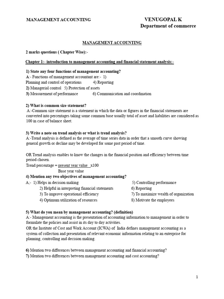 Management Accounting 2 Marks and 4 Marks Important Questions and ...