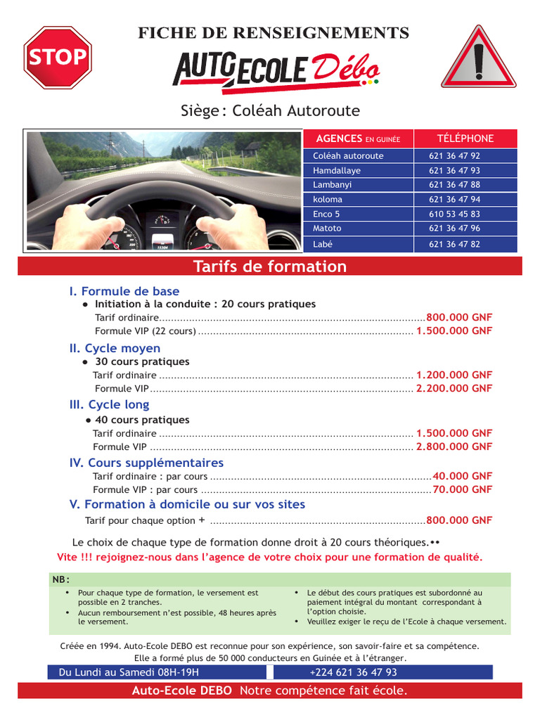 Fiche de Renseignements Auto Ecole Debo | PDF | Conduite automobile ...