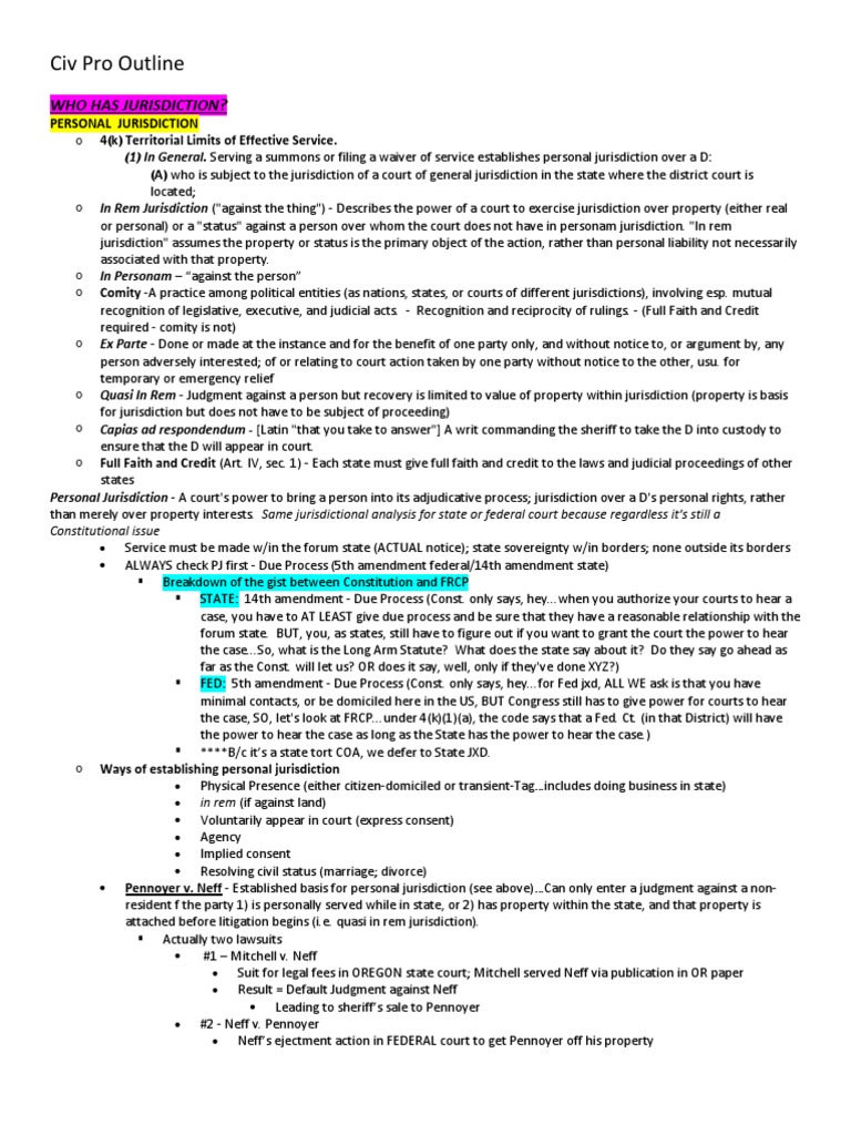 Civ Pro Outline PDF Diversity Jurisdiction Supplemental Jurisdiction