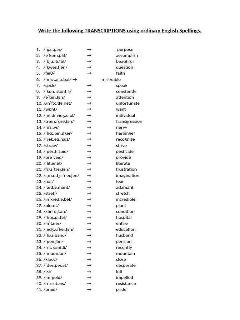 Write The Following TRANSCRIPTIONS Using Ordinary English Spellings | PDF